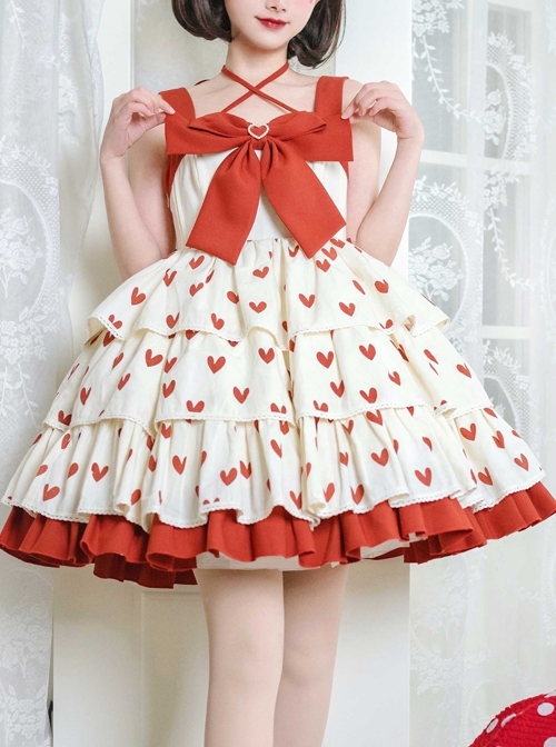 Hi My Sweetheart Series JSK Summer White Short Three-segment Hem Red Love ​Lace Bow Decoration Sweet Lolita Sleeveless Dress
