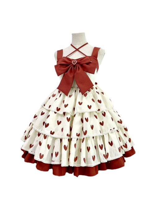 Hi My Sweetheart Series JSK Summer White Short Three-segment Hem Red Love ​Lace Bow Decoration Sweet Lolita Sleeveless Dress