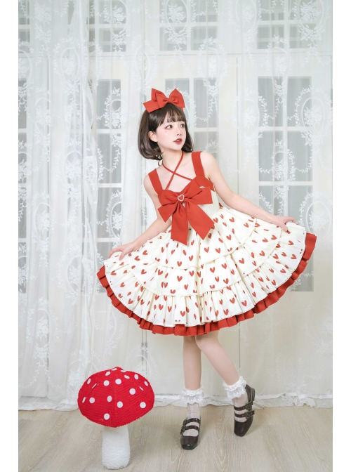 Hi My Sweetheart Series JSK Summer White Short Three-segment Hem Red Love ​Lace Bow Decoration Sweet Lolita Sleeveless Dress