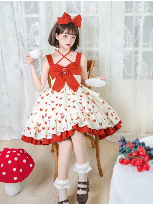 Hi My Sweetheart Series JSK Summer White Short Three-segment Hem Red Love ​Lace Bow Decoration Sweet Lolita Sleeveless Dress