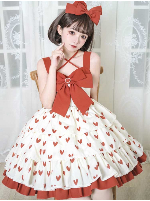 Hi My Sweetheart Series JSK Summer White Short Three-segment Hem Red Love ​Lace Bow Decoration Sweet Lolita Sleeveless Dress