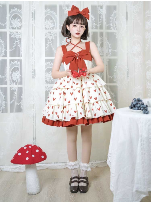 Hi My Sweetheart Series JSK Summer White Short Three-segment Hem Red Love ​Lace Bow Decoration Sweet Lolita Sleeveless Dress