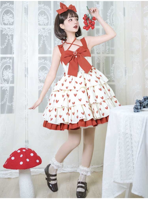 Hi My Sweetheart Series JSK Summer White Short Three-segment Hem Red Love ​Lace Bow Decoration Sweet Lolita Sleeveless Dress