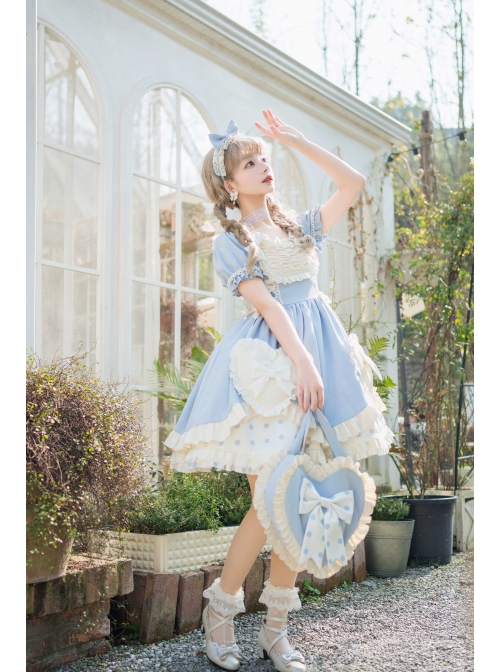 Pearl Puffs Series OP Spring Short High Waist A-shaped Lovely Puff Sleeves Bowknot Ruffles Sweet Lolita Dress