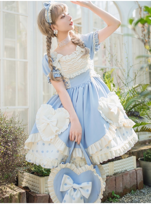 Pearl Puffs Series OP Spring Short High Waist A-shaped Lovely Puff Sleeves Bowknot Ruffles Sweet Lolita Dress