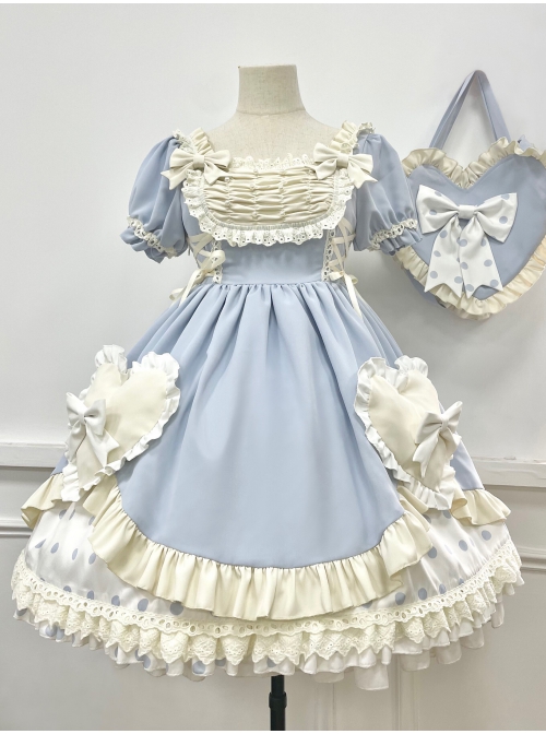 Pearl Puffs Series OP Spring Short High Waist A-shaped Lovely Puff Sleeves Bowknot Ruffles Sweet Lolita Dress