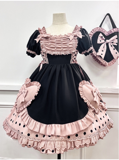 Pearl Puffs Series OP Spring Short High Waist A-shaped Lovely Puff Sleeves Bowknot Ruffles Sweet Lolita Dress