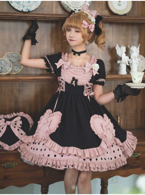 Pearl Puffs Series OP Spring Short High Waist A-shaped Lovely Puff Sleeves Bowknot Ruffles Sweet Lolita Dress