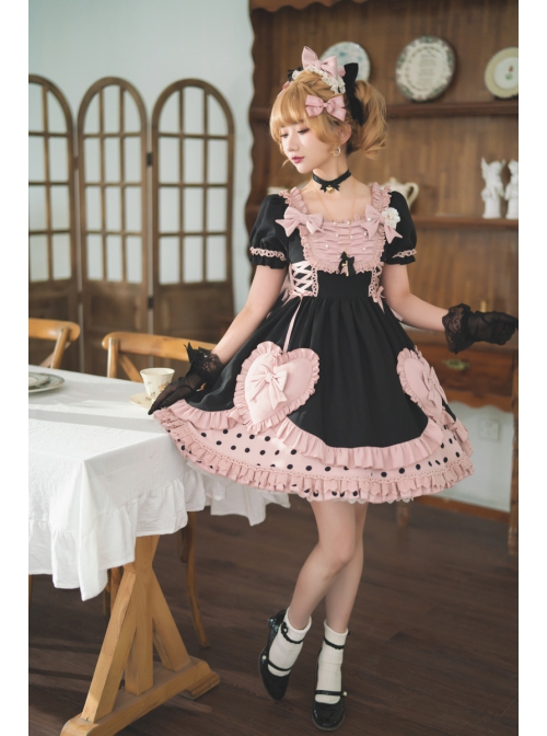 Pearl Puffs Series OP Spring Short High Waist A-shaped Lovely Puff Sleeves Bowknot Ruffles Sweet Lolita Dress