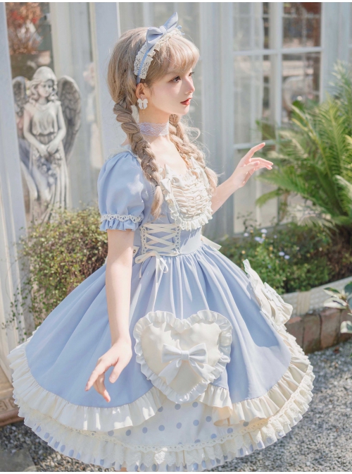 Pearl Puffs Series OP Spring Short High Waist A-shaped Lovely Puff Sleeves Bowknot Ruffles Sweet Lolita Dress