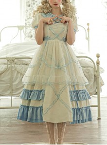 Crystal Shoes' Promise Series OP Spring Long Sweet Temperament Blue-white Lace Ruffles Doll Collar Short Sleeve Classic Lolita Dress