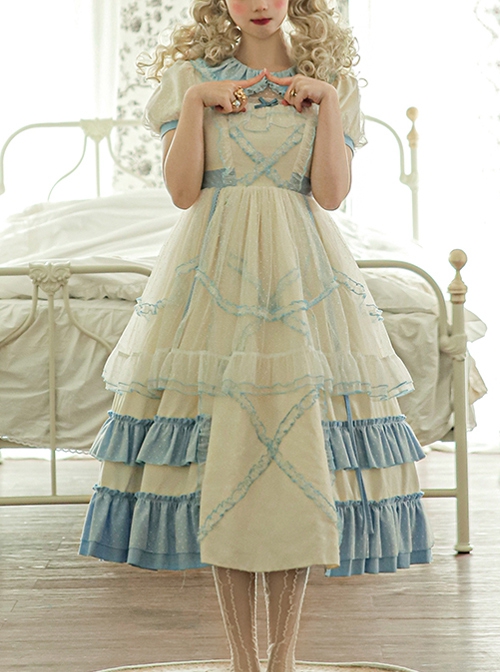 Crystal Shoes' Promise Series OP Spring Long Sweet Temperament Blue-white Lace Ruffles Doll Collar Short Sleeve Classic Lolita Dress