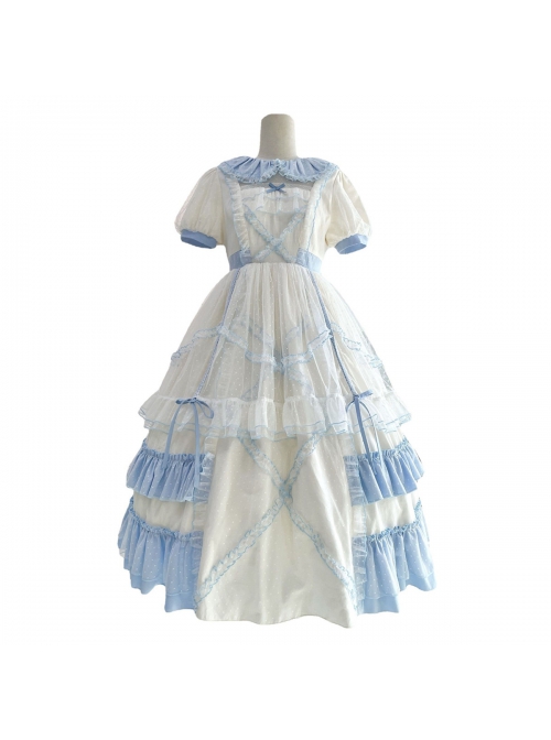 Crystal Shoes' Promise Series OP Spring Long Sweet Temperament Blue-white Lace Ruffles Doll Collar Short Sleeve Classic Lolita Dress
