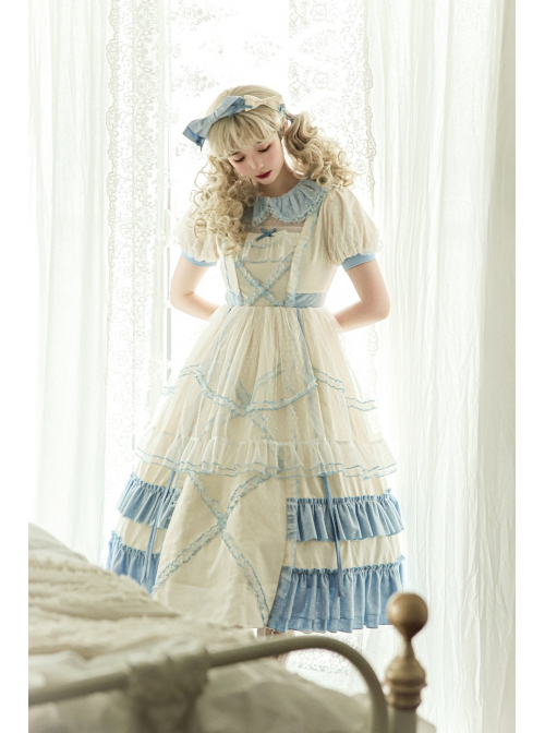 Crystal Shoes' Promise Series OP Spring Long Sweet Temperament Blue-white Lace Ruffles Doll Collar Short Sleeve Classic Lolita Dress