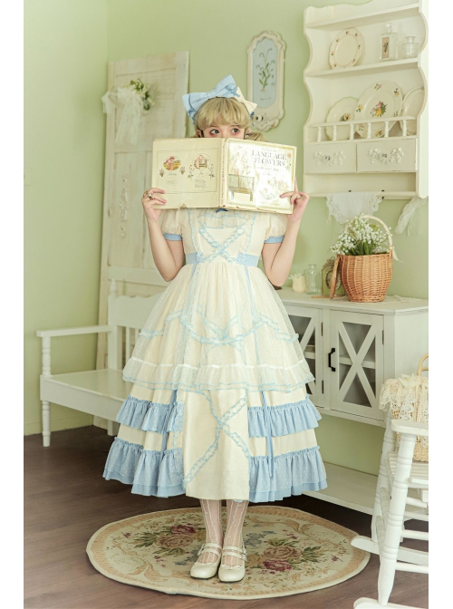 Crystal Shoes' Promise Series OP Spring Long Sweet Temperament Blue-white Lace Ruffles Doll Collar Short Sleeve Classic Lolita Dress