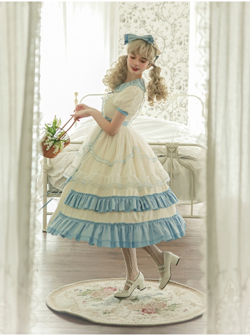 Crystal Shoes' Promise Series OP Spring Long Sweet Temperament Blue-white Lace Ruffles Doll Collar Short Sleeve Classic Lolita Dress