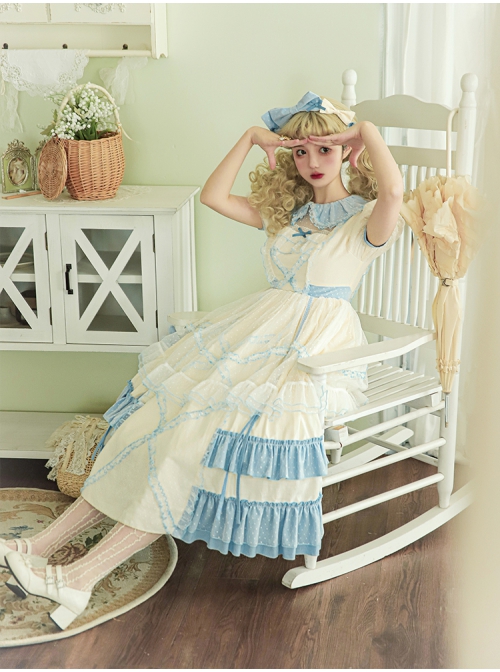 Crystal Shoes' Promise Series OP Spring Long Sweet Temperament Blue-white Lace Ruffles Doll Collar Short Sleeve Classic Lolita Dress