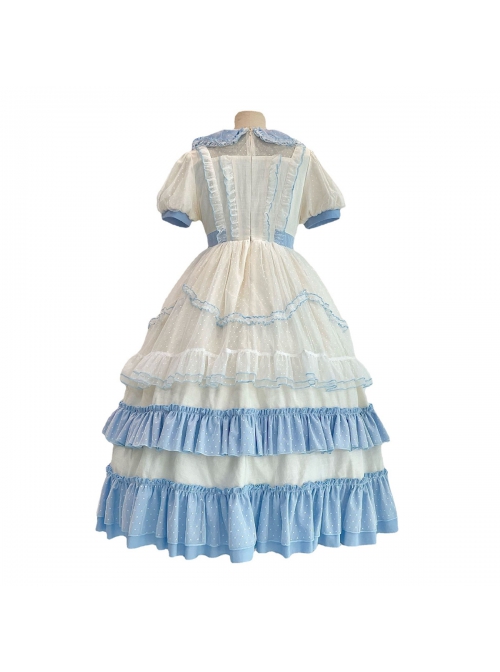 Crystal Shoes' Promise Series OP Spring Long Sweet Temperament Blue-white Lace Ruffles Doll Collar Short Sleeve Classic Lolita Dress