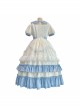 Crystal Shoes' Promise Series OP Spring Long Sweet Temperament Blue-white Lace Ruffles Doll Collar Short Sleeve Classic Lolita Dress