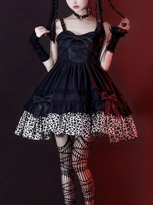 Little Leopard Series JSK Spring Black A-shaped Short Leopard Print Hot Chick Style Punk Lolita Sling Dress