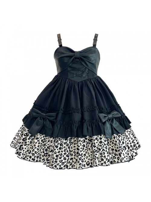 Little Leopard Series JSK Spring Black A-shaped Short Leopard Print Hot Chick Style Punk Lolita Sling Dress