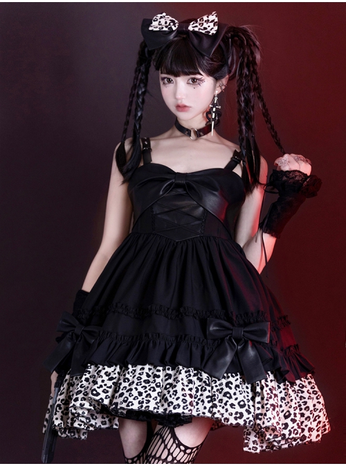 Little Leopard Series JSK Spring Black A-shaped Short Leopard Print Hot Chick Style Punk Lolita Sling Dress