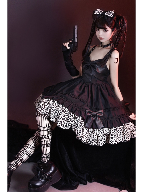 Little Leopard Series JSK Spring Black A-shaped Short Leopard Print Hot Chick Style Punk Lolita Sling Dress