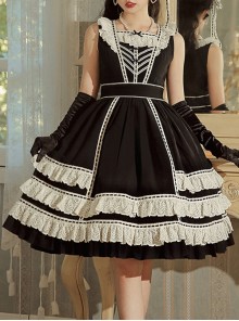 Heartbeat Direction Series JSK Summer Black A-shape Mid-length High Waist Style Flying Sleeves Lace Bow Classic Lolita Sling Dress