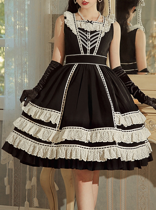 Heartbeat Direction Series JSK Summer Black A-shape Mid-length High Waist Style Flying Sleeves Lace Bow Classic Lolita Sling Dress