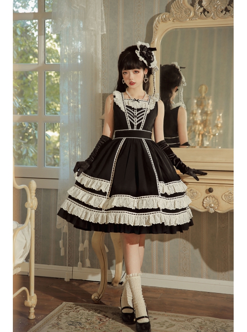 Heartbeat Direction Series JSK Summer Black A-shape Mid-length High Waist Style Flying Sleeves Lace Bow Classic Lolita Sling Dress