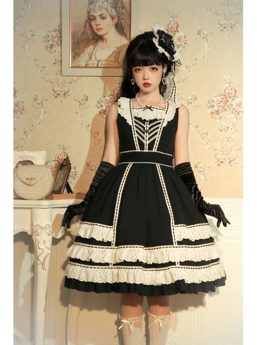 Heartbeat Direction Series JSK Summer Black A-shape Mid-length High Waist Style Flying Sleeves Lace Bow Classic Lolita Sling Dress