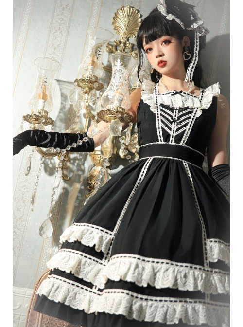 Heartbeat Direction Series JSK Summer Black A-shape Mid-length High Waist Style Flying Sleeves Lace Bow Classic Lolita Sling Dress