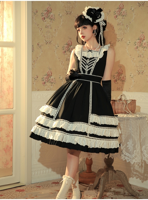 Heartbeat Direction Series JSK Summer Black A-shape Mid-length High Waist Style Flying Sleeves Lace Bow Classic Lolita Sling Dress