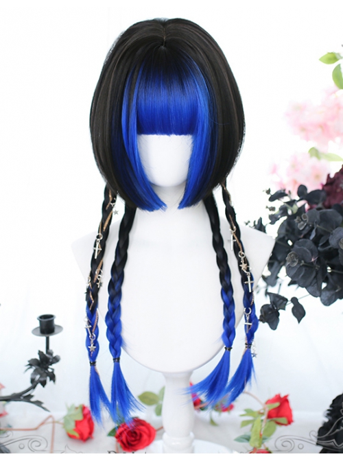 Butterfly Wings Series Blue-Black Long Straight Two Color Gradient Jellyfish Head Wig Classic Lolita Wigs
