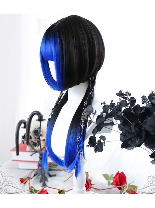 Butterfly Wings Series Blue-Black Long Straight Two Color Gradient Jellyfish Head Wig Classic Lolita Wigs