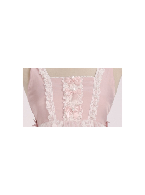 Sugar Dream Series JSK Spring Autumn High Waist Short Sleeve Pink Lace Bow Elegant Sweet Lolita Sling Long Dress And Bib