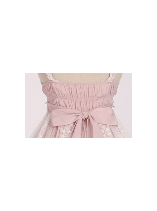 Sugar Dream Series JSK Spring Autumn High Waist Short Sleeve Pink Lace Bow Elegant Sweet Lolita Sling Long Dress And Bib