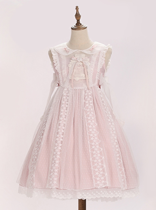 Sugar Dream Series JSK Spring Autumn High Waist Short Sleeve Pink Lace Bow Elegant Sweet Lolita Sling Long Dress And Bib