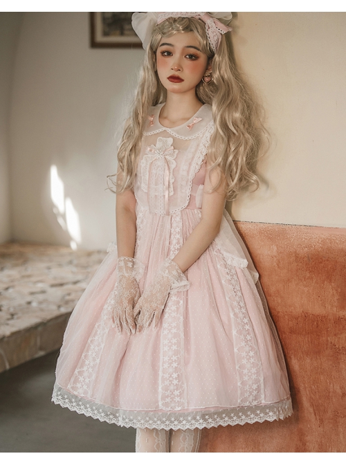 Sugar Dream Series JSK Spring Autumn High Waist Short Sleeve Pink Lace Bow Elegant Sweet Lolita Sling Long Dress And Bib