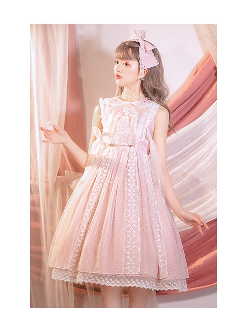 Sugar Dream Series JSK Spring Autumn High Waist Short Sleeve Pink Lace Bow Elegant Sweet Lolita Sling Long Dress And Bib