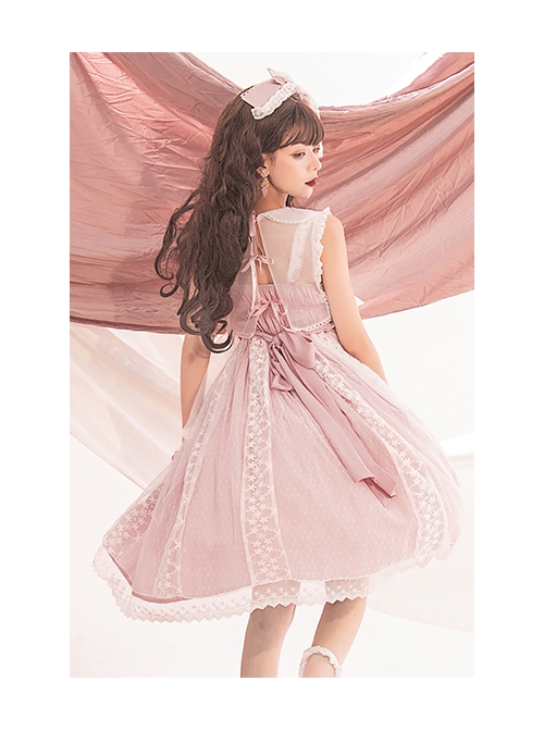 Sugar Dream Series JSK Spring Autumn High Waist Short Sleeve Pink Lace Bow Elegant Sweet Lolita Sling Long Dress And Bib