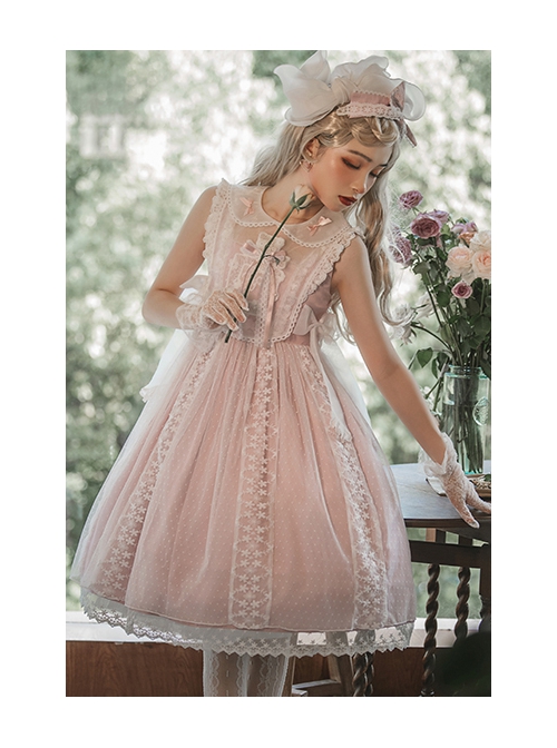 Sugar Dream Series JSK Spring Autumn High Waist Short Sleeve Pink Lace Bow Elegant Sweet Lolita Sling Long Dress And Bib