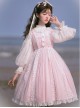 Sugar Dream Series JSK Spring Autumn High Waist Short Sleeve Pink Lace Bow Elegant Sweet Lolita Sling Long Dress And Bib