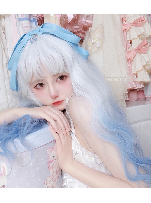 Milk Blue Series Fairy Story Style White-blue Gradient Cute Wool Roll Long Wig Classic Lolita Wigs