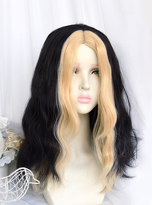 Dark Night Series Front Golden Back Black Spliced Center Parting Bangs Medium Length Curly Wig Harry Magic Halloween COS Gothic Lolita Wigs