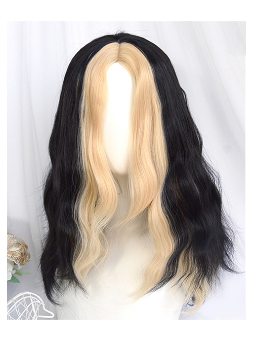 Dark Night Series Front Golden Back Black Spliced Center Parting Bangs Medium Length Curly Wig Harry Magic Halloween COS Gothic Lolita Wigs