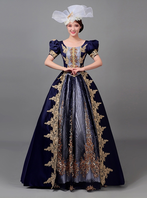 Golden Embroidery Short Sleeves Elegant Blue Long European Style Retro Court Prom Lolita Dress