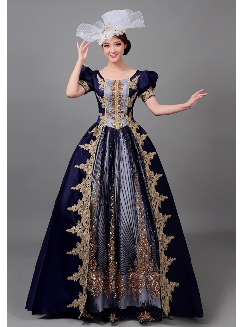 Golden Embroidery Short Sleeves Elegant Blue Long European Style Retro Court Prom Lolita Dress