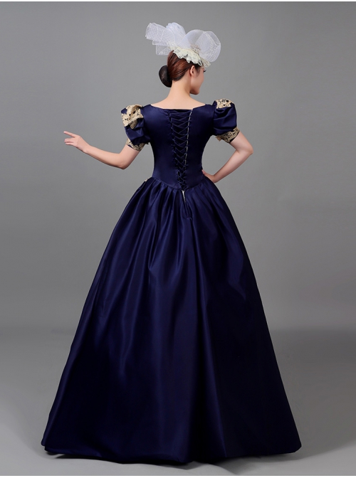 Golden Embroidery Short Sleeves Elegant Blue Long European Style Retro Court Prom Lolita Dress