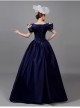 Golden Embroidery Short Sleeves Elegant Blue Long European Style Retro Court Prom Lolita Dress